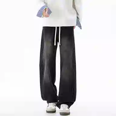 洋气先生 美式复古高街潮牌简约水洗做旧宽松磨白中腰系带直筒垂感百搭基础款显高显瘦吸柔软亲肤抗褶皱休闲拖地牛仔裤 男女同款