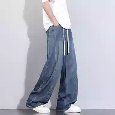 洋气先生 美式休闲潮流裁接线贯穿设计感显高显瘦显腿长系带抽绳宽松弹力柔软亲肤百搭废土风高级感日常出行垂感牛仔裤 男女同款