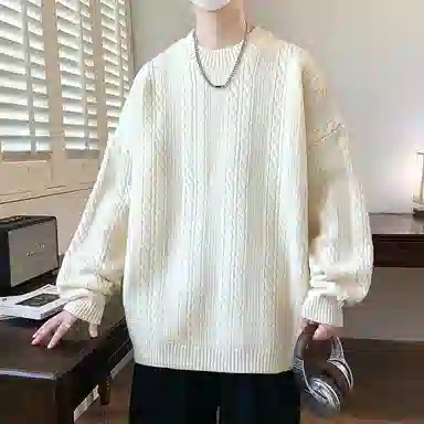 洋气先生 美式高街潮牌无性别主义纯色潮流慵懒感卫衣麻花纹理感日常外穿通勤户外微阔圆领套头长袖简约休闲时尚百搭针织衫 男女同款