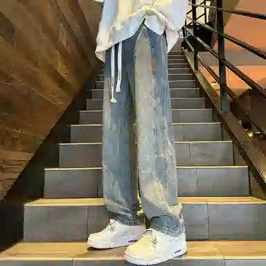 洋气先生 美式复古高街重工水洗做旧废土风阔腿直筒宽松垂感拖地抽绳系带松紧腰休闲百搭长款极简风基础款通勤牛仔裤 男女同款