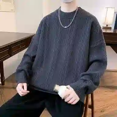 洋气先生 美式高街潮牌无性别主义纯色潮流慵懒感卫衣麻花纹理感日常外穿通勤户外微阔圆领套头长袖简约休闲时尚百搭针织衫 男女同款