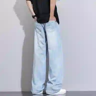 洋气先生 美式休闲潮流裁接线贯穿设计感显高显瘦显腿长系带抽绳宽松弹力柔软亲肤百搭废土风高级感日常出行垂感牛仔裤 男女同款