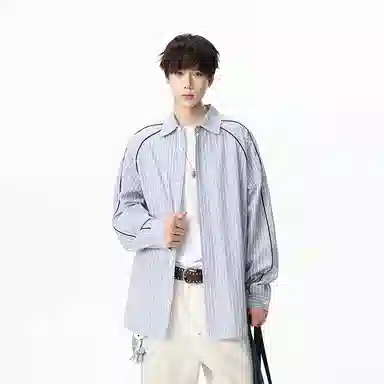 洋气先生 洋气潮牌美式复古纯色简约条纹翻领设计无性别主义学院慵懒风长袖日常通勤舒适休闲宽松百搭落肩单排扣开衫上衣衬衫 男女同款