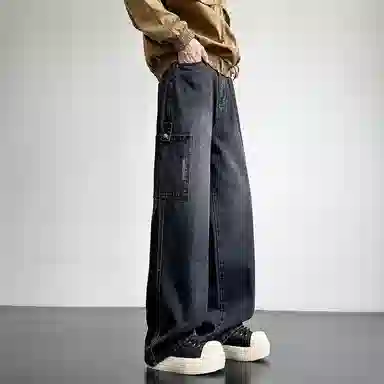 洋气先生 美式极简纯色基础款水洗做旧休闲舒适百搭潮牌复古简约高街大口袋时尚潮流个性创意舒爽阔腿日常通勤中腰宽松直筒牛仔裤 男女同款