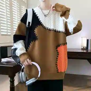 洋气先生 美式高街潮牌无性别主义不规则撞色拼接高级感设计潮流慵懒感卫衣日常通勤微阔圆领套头长袖简约休闲时尚百搭针织衫 男女同款