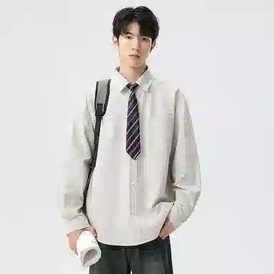 洋气先生 美式高街复古学院风小格子设计纯色翻领单排扣长袖宽松休闲舒适保暖常通勤徒步无性别主义简约百搭开衫上衣衬衫 男女同款