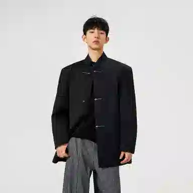 洋气先生 新中式简约纯色商务休闲时尚百搭小众高级感潮流帅气中山装国潮刺绣宽松落肩长袖金属搭扣轻奢无性别主义外套西装 男女同款