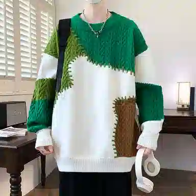 洋气先生 美式高街潮牌无性别主义不规则撞色拼接高级感设计潮流慵懒感卫衣日常通勤微阔圆领套头长袖简约休闲时尚百搭针织衫 男女同款