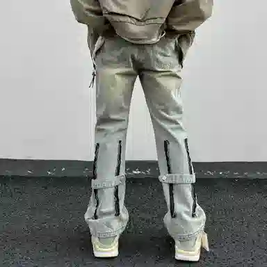 洋气先生 美式复古高街潮牌重水洗纯色拼接拉链装饰小众设计高级感中腰微喇弯刀百搭宽松痞帅潮酷嘻哈街头牛仔裤 男女同款