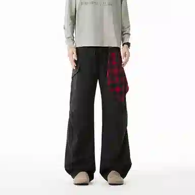 洋气先生 美式潮牌高街简约长裤子撞色拼接小众设计阔腿直筒无性别主义日常通勤户外显瘦基础款丝巾挂件潮流时尚百搭休闲裤 男女同款
