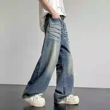 洋气先生 美式复古高街直筒宽松阔腿百搭潮牌舒适水洗个性时尚休闲做旧基础款渐变磨白亲肤透气通勤微喇叭拖地显高显瘦牛仔裤 男女同款
