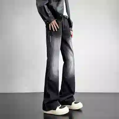 洋气先生 美式高街复古做旧水洗渐变磨白微喇百搭时尚纯色直筒闪电纹设计宽松舒适休闲中腰显高显瘦垂感拖地日常高级感穿搭牛仔裤 男女同款