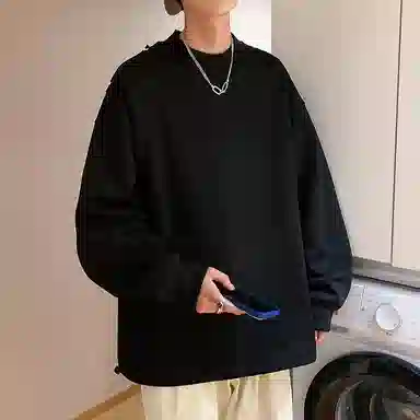 洋气先生 美式复古高街时尚潮流百搭学院风假两件日常通勤休闲简约纯色基础款潮牌透气舒适柔软慵懒氛围感圆领套头卫衣 男女同款