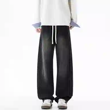 洋气先生 美式复古高街潮牌简约水洗做旧宽松磨白中腰系带直筒垂感百搭基础款显高显瘦吸柔软亲肤抗褶皱休闲拖地牛仔裤 男女同款