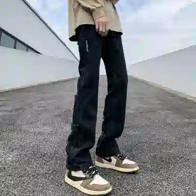洋气先生 美式复古高街潮牌重水洗纯色拼接拉链装饰小众设计高级感中腰微喇弯刀百搭宽松痞帅潮酷嘻哈街头牛仔裤 男女同款