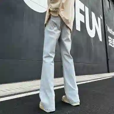 洋气先生 美式复古简约纯色微喇水洗做旧修身显瘦高街宽松阔腿垂感顺滑纽扣中腰基础款百搭学院风通勤运动日常穿搭牛仔裤 男女同款