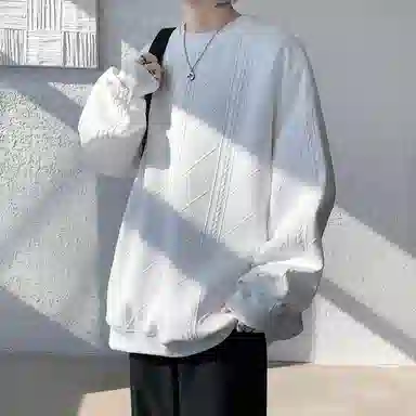 洋气先生 个性简约正肩设计感小众高级感穿搭重磅时尚潮流宽松百搭学生通勤春秋季港风提花长袖圆领套头上衣美式复古打底卫衣 男女同款