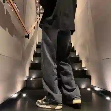 洋气先生 美式复古高街纯色水洗做旧磨白废土风宽松中腰松紧抽绳系带弹力直筒百搭阔腿无性别主义日常通勤运动休闲牛仔裤 男女同款