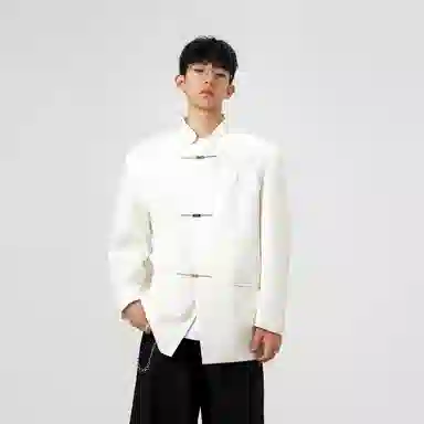 洋气先生 新中式简约纯色商务休闲时尚百搭小众高级感潮流帅气中山装国潮刺绣宽松落肩长袖金属搭扣轻奢无性别主义外套西装 男女同款