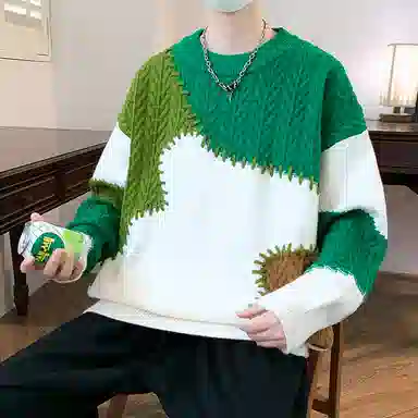 洋气先生 美式高街潮牌无性别主义不规则撞色拼接高级感设计潮流慵懒感卫衣日常通勤微阔圆领套头长袖简约休闲时尚百搭针织衫 男女同款