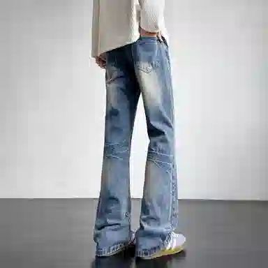 洋气先生 美式高街复古做旧水洗渐变磨白微喇百搭时尚纯色直筒闪电纹设计宽松舒适休闲中腰显高显瘦垂感拖地日常高级感穿搭牛仔裤 男女同款