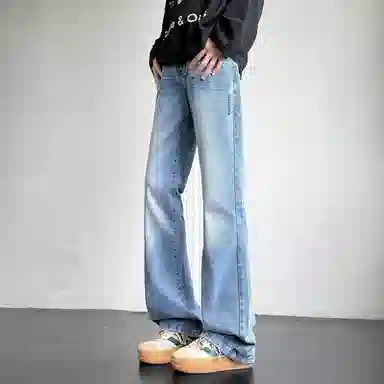 洋气先生 美式高街复古做旧水洗渐变磨白微喇百搭时尚纯色直筒闪电纹设计宽松舒适休闲中腰显高显瘦垂感拖地日常高级感穿搭牛仔裤 男女同款