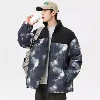 洋气先生 洋气潮牌美式潮流撞色拼接高颜值扎染渐变设计纯色痞帅防风无性别主义保暖抗寒舒适柔软宽松户外通勤百搭拉链外套棉服 男女同款