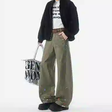 【300斤大码可穿】赫赫良衣 美式复古痞帅高街少年感高档弯刀阔腿宽松显高显瘦显腿长时尚舒适百搭保暖长裤小众高级感潮牌休闲裤 男女同款