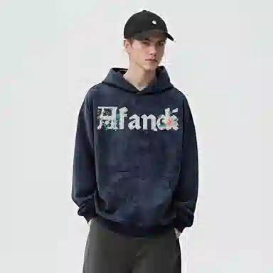 阿凡迪 美式复古街头简约基础扎染设计仿刺绣花卉字母潮牌印花宽松舒适休闲百搭时尚潮流通勤无性别主义抽绳长袖重磅连帽卫衣 男女同款