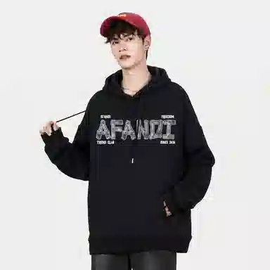 阿凡迪 美式复古街头简约基础仿牛仔布设计字母潮牌印花宽松舒适百搭时尚潮流通勤连帽长袖卫衣中腰防风防水直筒裤休闲运动套装 男女同款