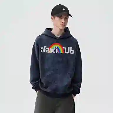 阿凡迪 美式复古街头简约基础扎染仿万针刺绣彩虹字母潮牌印花宽松舒适休闲百搭时尚潮流通勤无性别主义抽绳长袖重磅连帽卫衣 男女同款