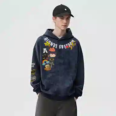 阿凡迪 美式复古街头简约扎染设计趣味卡通徽章字母印花宽松舒适百搭时尚潮流通勤连帽长袖卫衣中腰直筒微喇牛仔裤休闲运动套装 男女同款