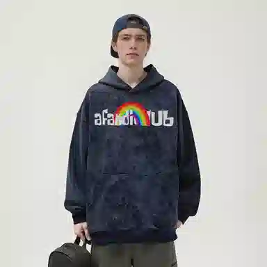 阿凡迪 美式复古街头简约基础扎染仿万针刺绣彩虹字母潮牌印花宽松舒适休闲百搭时尚潮流通勤无性别主义抽绳长袖重磅连帽卫衣 男女同款