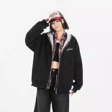 阿凡迪 美式复古街头学院风仿万针刺绣拼接撞色设计花体字母潮牌袖子印花宽松舒适休闲百搭时尚潮流通勤华棉长袖连帽开衫卫衣 男女同款