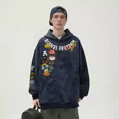 阿凡迪 美式复古街头简约扎染设计趣味卡通徽章字母印花宽松舒适百搭时尚潮流通勤连帽长袖卫衣中腰直筒微喇牛仔裤休闲运动套装 男女同款