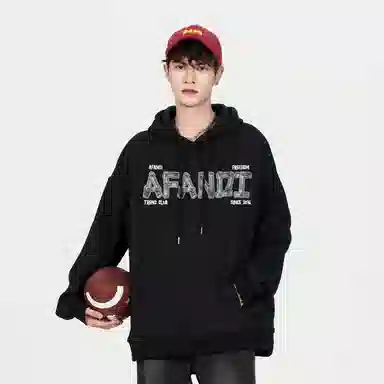 阿凡迪 美式复古街头简约基础仿牛仔布设计字母潮牌印花宽松舒适百搭时尚潮流通勤连帽长袖卫衣中腰防风防水直筒裤休闲运动套装 男女同款