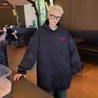 阿凡迪 美式复古街头简约基础扎染满天星设计浮雕涂鸦字母潮牌印花宽松舒适休闲百搭时尚潮流无性别主义通勤长袖抽绳连帽卫衣 男女同款