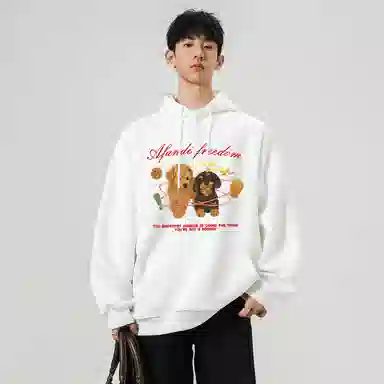 阿凡迪 美式复古街头简约基础仿刺绣宠物小狗花体字母印花宽松舒适休闲百搭时尚潮流通勤无性别主义抽绳长袖连帽卫衣 男女同款