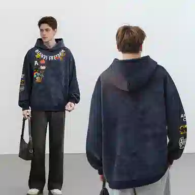 阿凡迪 美式复古街头简约扎染设计趣味卡通徽章字母印花宽松舒适百搭时尚潮流通勤连帽长袖卫衣中腰直筒微喇牛仔裤休闲运动套装 男女同款