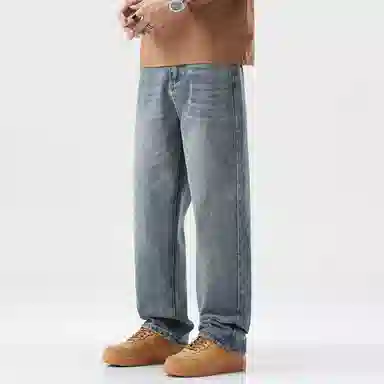 邦固依品 百搭复古美式高街水洗做旧简约字母标宽松旅游通勤舒适垂感显高阔腿直筒休闲牛仔裤 男女同款