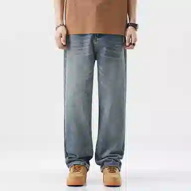 邦固依品 百搭复古美式高街水洗做旧简约字母标宽松旅游通勤舒适垂感显高阔腿直筒休闲牛仔裤 男女同款