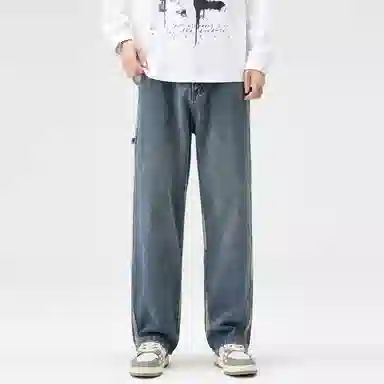 邦固依品 美式高街拼接设计感做复古长裤休闲宽松百搭日常通勤旅游舒适透气经典阔腿显高垂感直筒牛仔裤 男款