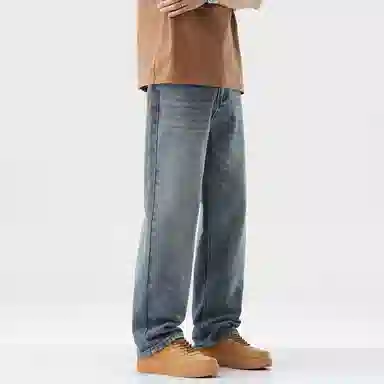 邦固依品 百搭复古美式高街水洗做旧简约字母标宽松旅游通勤舒适垂感显高阔腿直筒休闲牛仔裤 男女同款