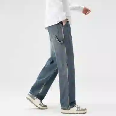 邦固依品 美式高街拼接设计感做复古长裤休闲宽松百搭日常通勤旅游舒适透气经典阔腿显高垂感直筒牛仔裤 男款