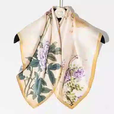 一米画纱 丝绸质感花卉图案国风印花真丝方巾踏青郊游装饰领巾拍照搭配 桑蚕丝 丝巾 女款