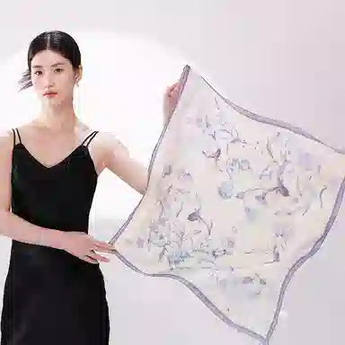 一米画纱 丝绸质感花卉图案国风印花真丝方巾踏青郊游装饰领巾拍照搭配 桑蚕丝 丝巾 女款