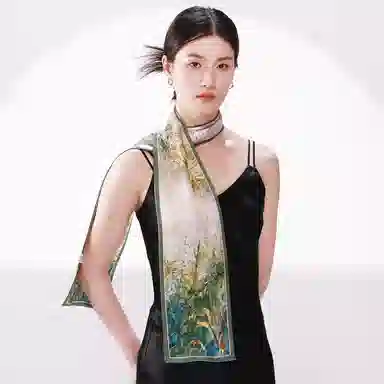 一米画纱 时尚百搭真丝双层喷绘飘带优雅气质长条领巾轻盈装饰 桑蚕丝 丝巾 女款