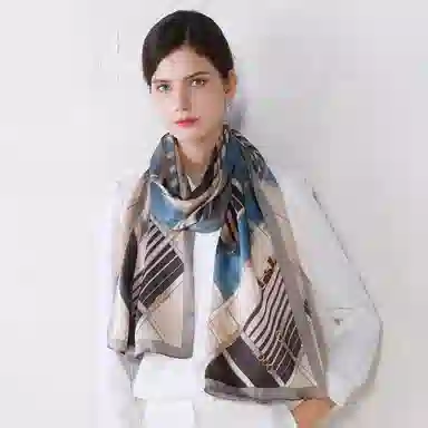 一米画纱 青春洋气丝滑优雅链条抽象图案长款披肩素绉缎出游装饰百搭长巾 桑蚕丝 丝巾 女款