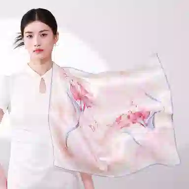 一米画纱 丝绸质感花卉图案国风印花真丝方巾踏青郊游装饰领巾拍照搭配 桑蚕丝 丝巾 女款