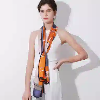 一米画纱 青春洋气丝滑优雅链条抽象图案长款披肩素绉缎出游装饰百搭长巾 桑蚕丝 丝巾 女款